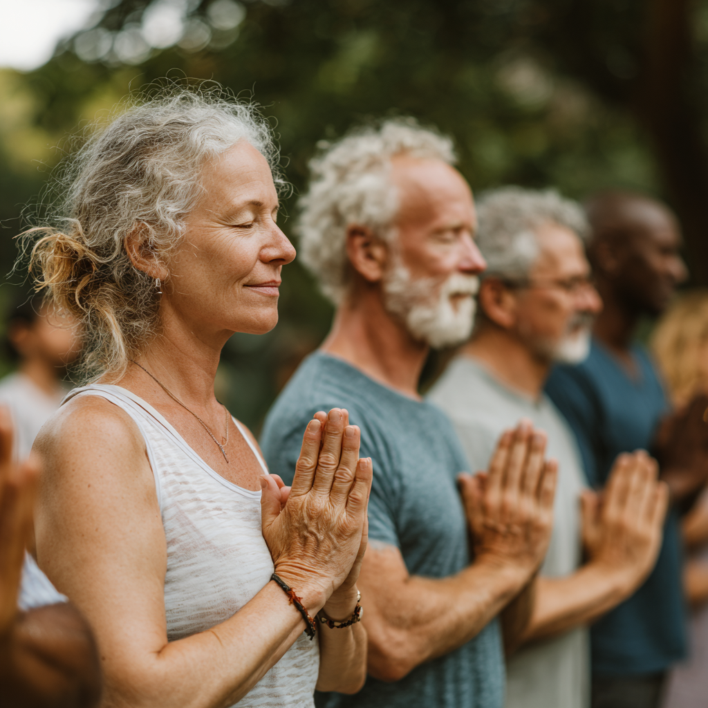 Peaceful group of middle-aged and older adults in gentle yoga practice outdoors