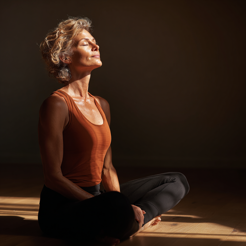 Peaceful middle-aged woman practicing gentle yoga poses in natural lighting